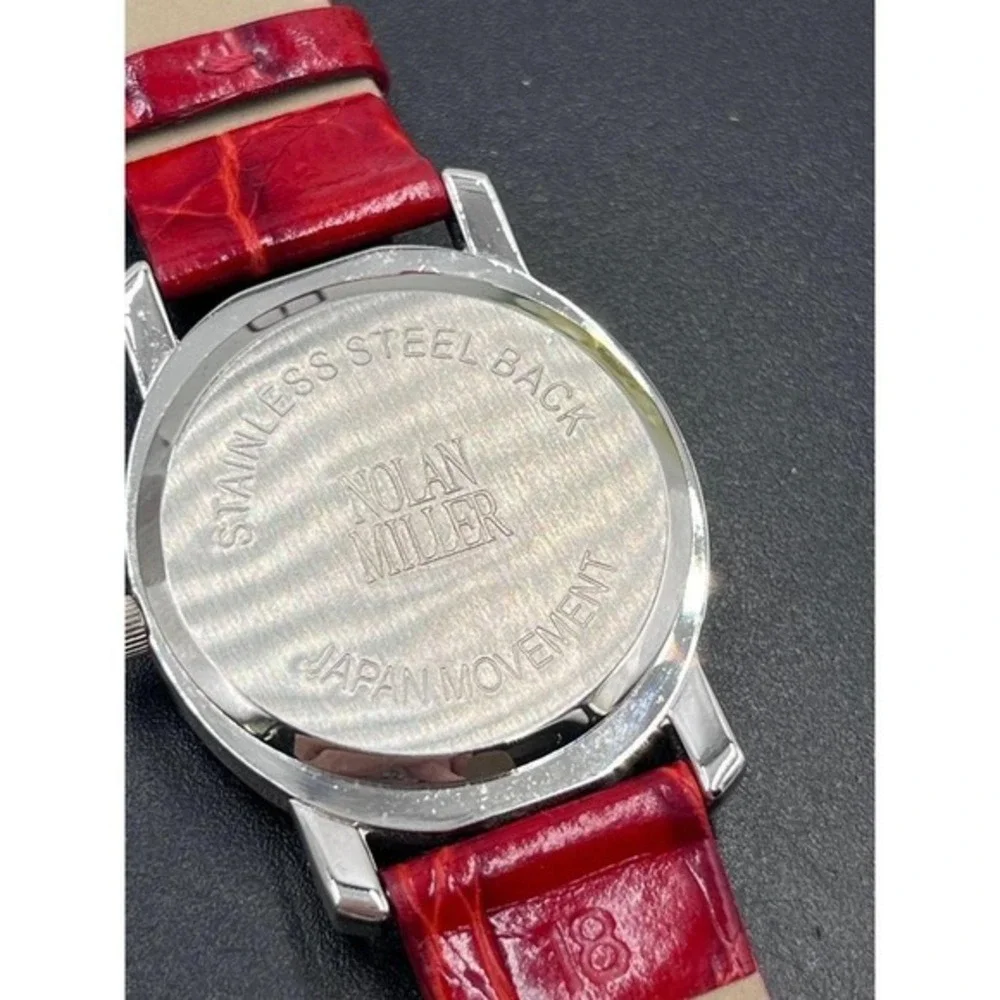 Nolan Miller Vintage quartz watch red leather band‎ rhinestone bezel